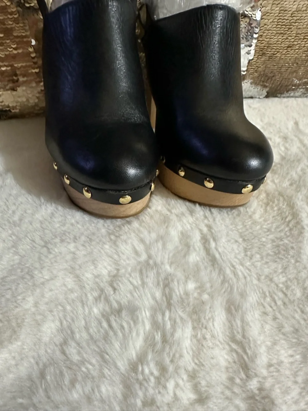 Michael Kors Black Leather Platform Clog Heels with Gold Studs - Picture 8 of 12